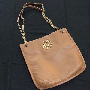 Tory Burch Britten Camel Pebble Grain Leather Swingpack Gold Tone Chain
